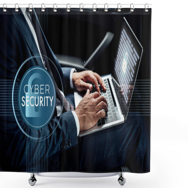 Personality  Partial View Of African American Businessman Using Laptop In Car With Cyber Security Illustration Shower Curtains