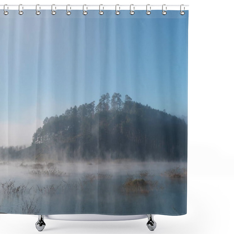 Personality  Shrubs And Pine Forest Reflection On The Lake With Dense Fog, Magic Light And Blue Sky At Sunrise Shower Curtains