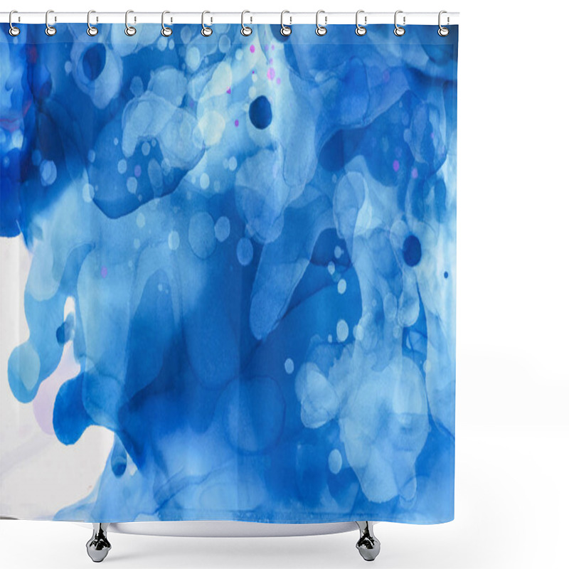 Personality  Blue Splashes Of Alcohol Ink On White As Abstract Background Shower Curtains