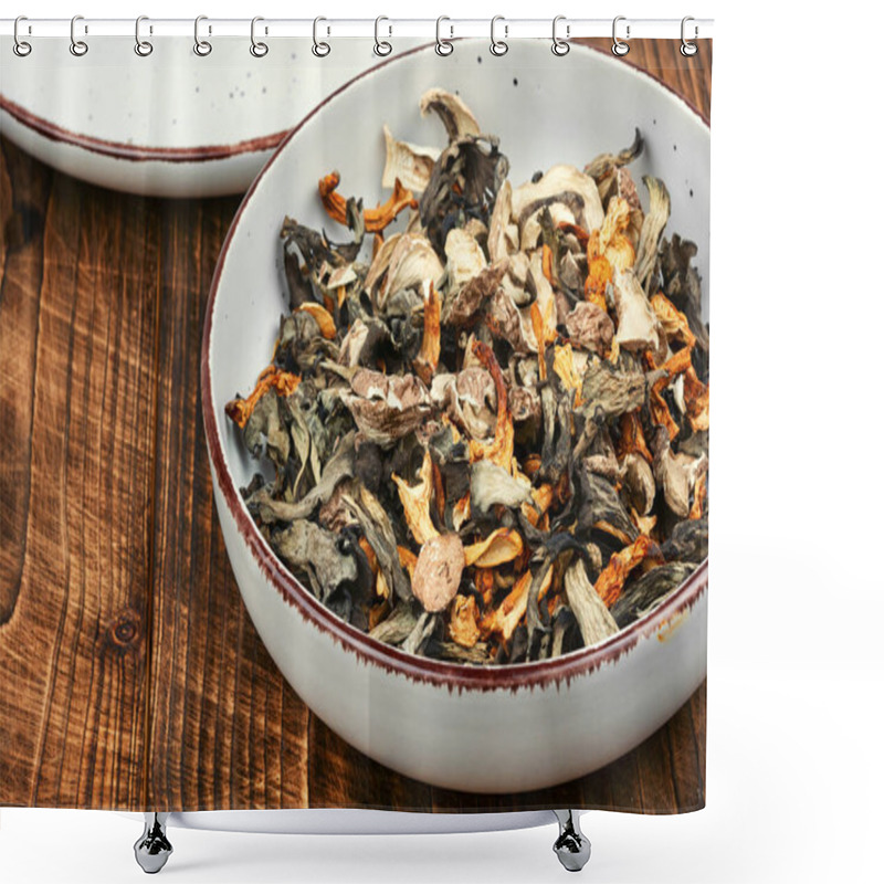 Personality  Wild Forest Dried Mushrooms On A Rustic Wooden Table. Free Space For Your Text. Rustic Style. Shower Curtains