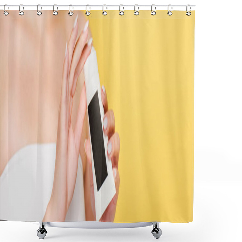 Personality  Cropped View Of Woman Holding Hand Cream Isolated On Yellow, Panoramic Shot Shower Curtains