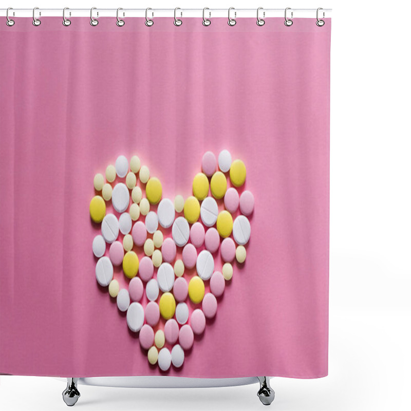 Personality  Flat Lay View Of Different Round Pills In Shape Of Heart On Pink Background  Shower Curtains