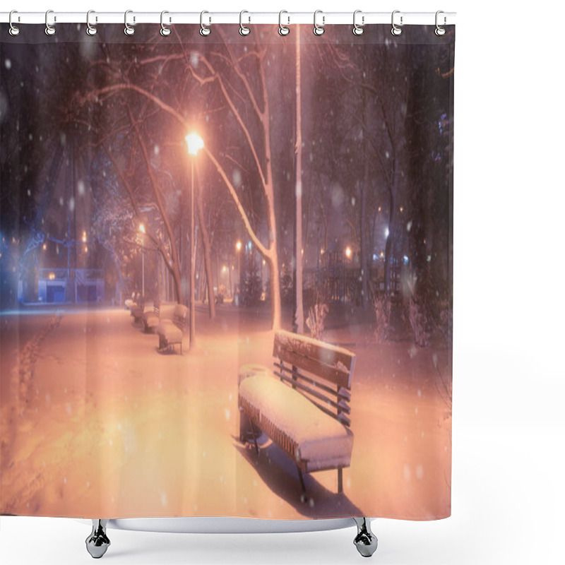 Personality  Night Winter Snowfall Landscape. Snowy Alley Of City Illuminated Park Shower Curtains