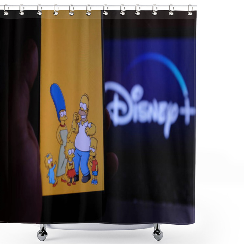 Personality  United States, New York. Sunday, September 29, 2019.Iphone 11 With The Image Of The Simpsons Series, In The Background The New Disney Plus Service. Disney + Will Be An Online Video Streaming Shower Curtains