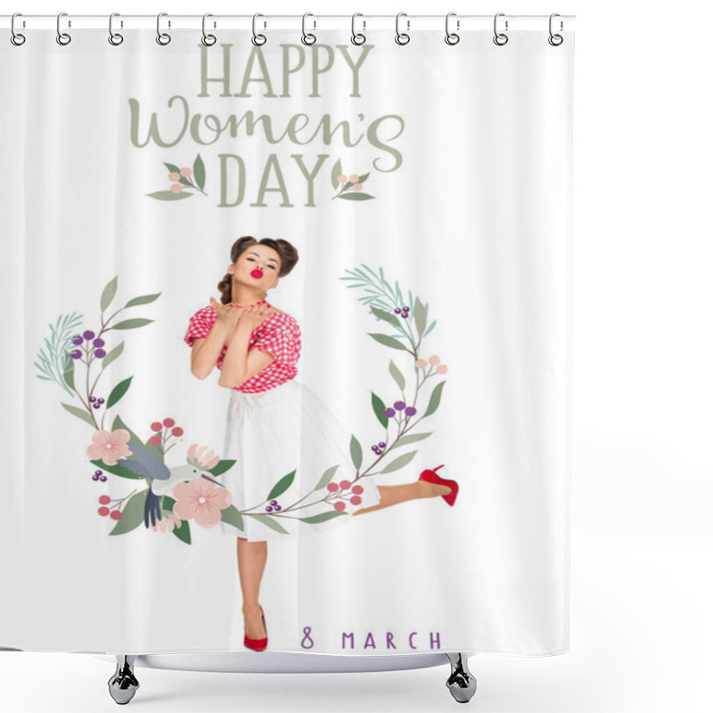 Personality  Happy Women`s Day Greeting Card With Young Woman In Retro Style Clothing Blowing Kiss Isolated On White Shower Curtains