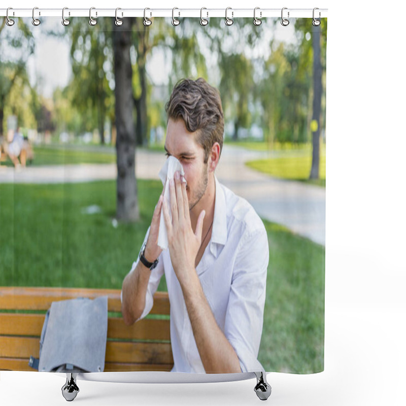 Personality  Man With Handkerchief Sneezes. Man Constipated With Handkerchief. Ailing Man In The Autumn Outdoor. Man In Field Blowing His Nose And Suffering From Hay Fever. Flu Season, Vaccination. Shower Curtains