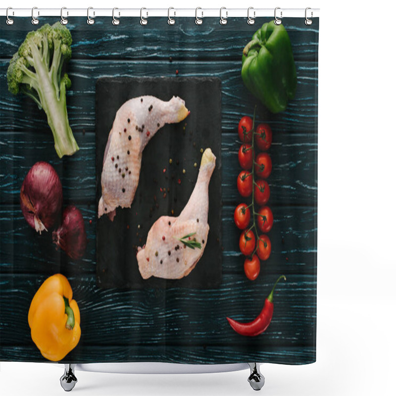 Personality  Top View Of Chicken Legs On Stone Slate With Different Vegetables On Dark Green Wooden Tabletop Shower Curtains