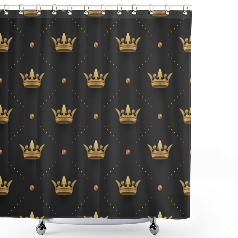 Personality  Seamless Gold Pattern With King Crowns On A Dark Black Background. Vector Illustration. Shower Curtains