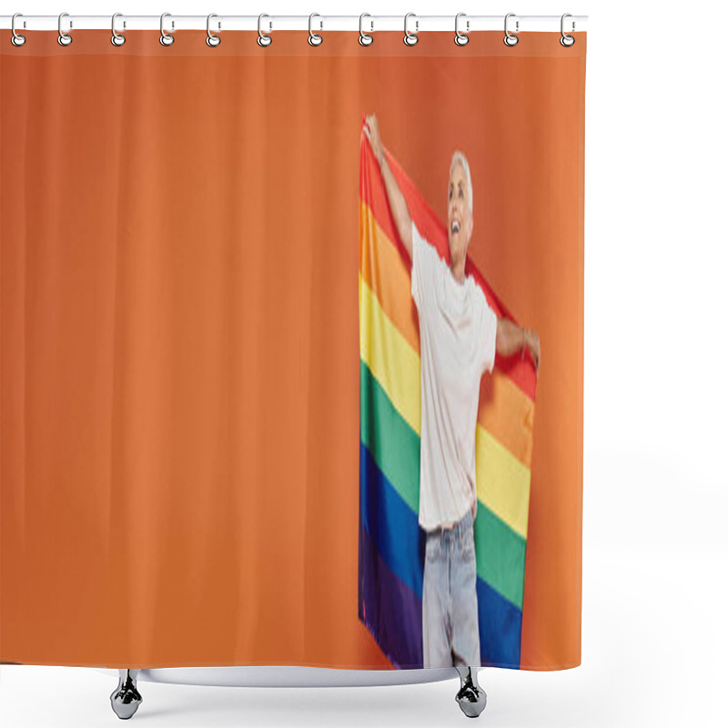 Personality  A Mature Woman Radiates Joy While Holding A Vibrant Rainbow Flag. Shower Curtains