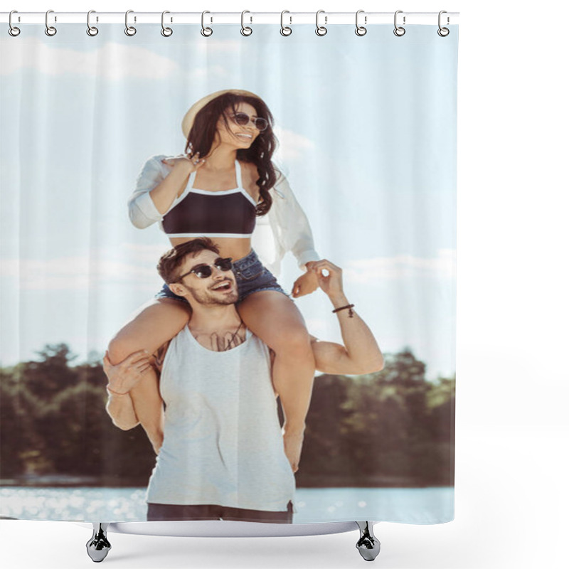 Personality  Happy Young Couple At Beach  Shower Curtains