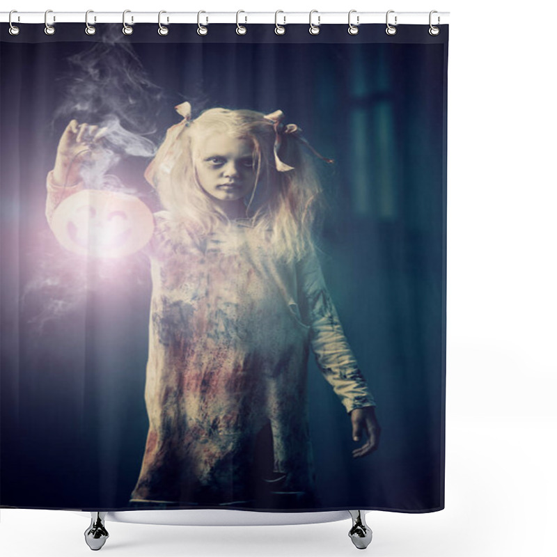 Personality  A Portrait Of A Scary Zombie Girl With Pumpkin Toy. Halloween. Horror Movie. Shower Curtains