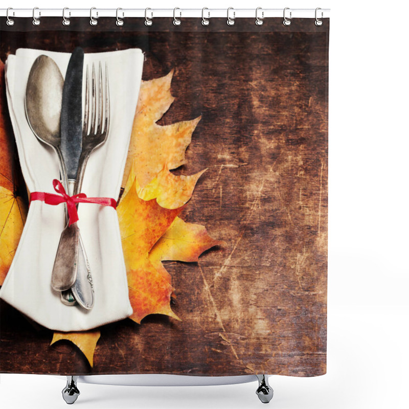 Personality  Thanksgiving Table Setting On Rustic Wooden Table Shower Curtains