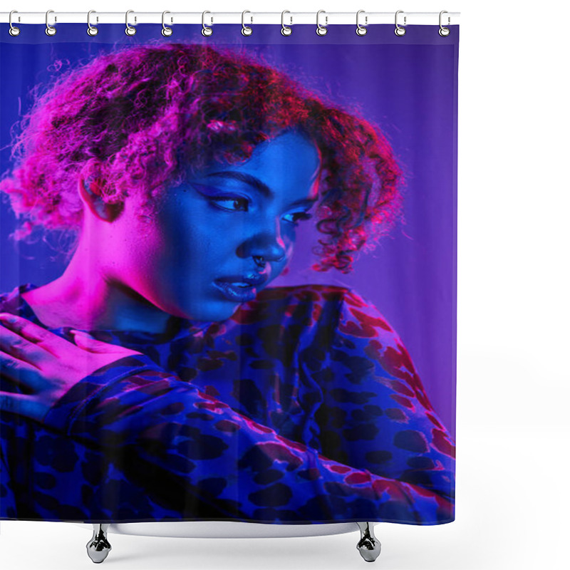 Personality  African American Woman With Curly Hair Poses In A Vibrant Leopard Print Shirt. Shower Curtains