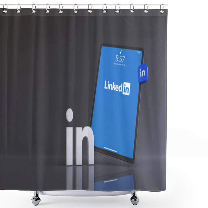 Personality  3D Rendering Of The Linkedin Logo In Front Of A Tablet Displaying The Linkedin App Logo. Shower Curtains