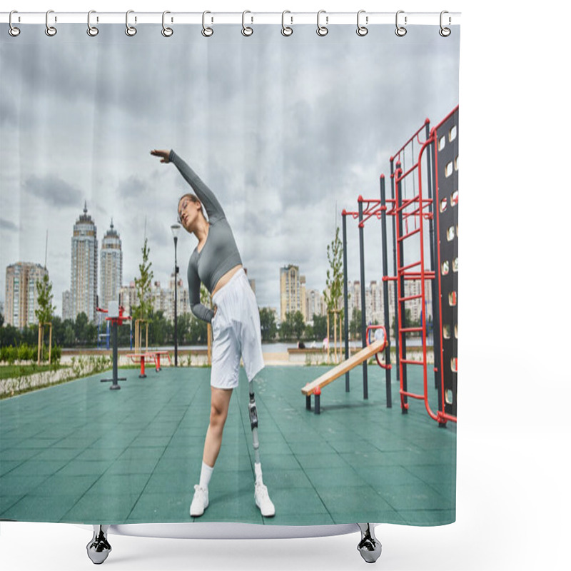 Personality  A Young Woman With A Prosthetic Leg Stretches Gracefully While Enjoying Outdoor Fitness In A Vibrant Urban Park. Shower Curtains