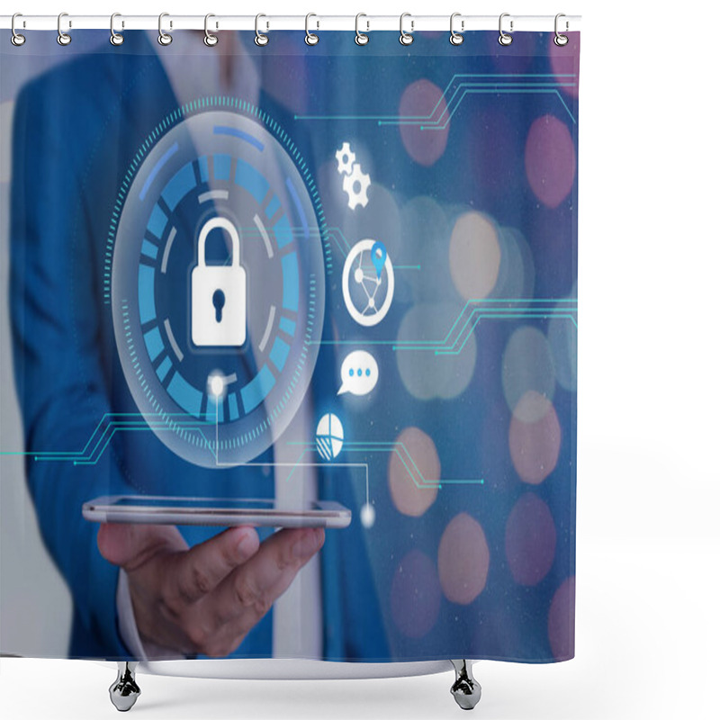 Personality  Graphics Of Latest Digital Technology Protection Data Padlock Security On The Virtual Display. Businessman With Lock To Secure. Shower Curtains