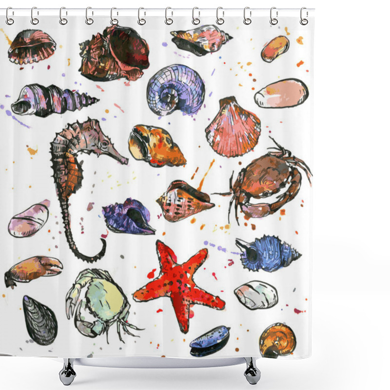 Personality  Set Of Drawing Shells With Stained Shower Curtains