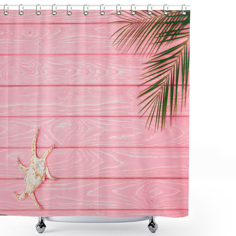 Personality  Top View Of Seashell With Palm Leaves On Pink Wooden Surface Shower Curtains