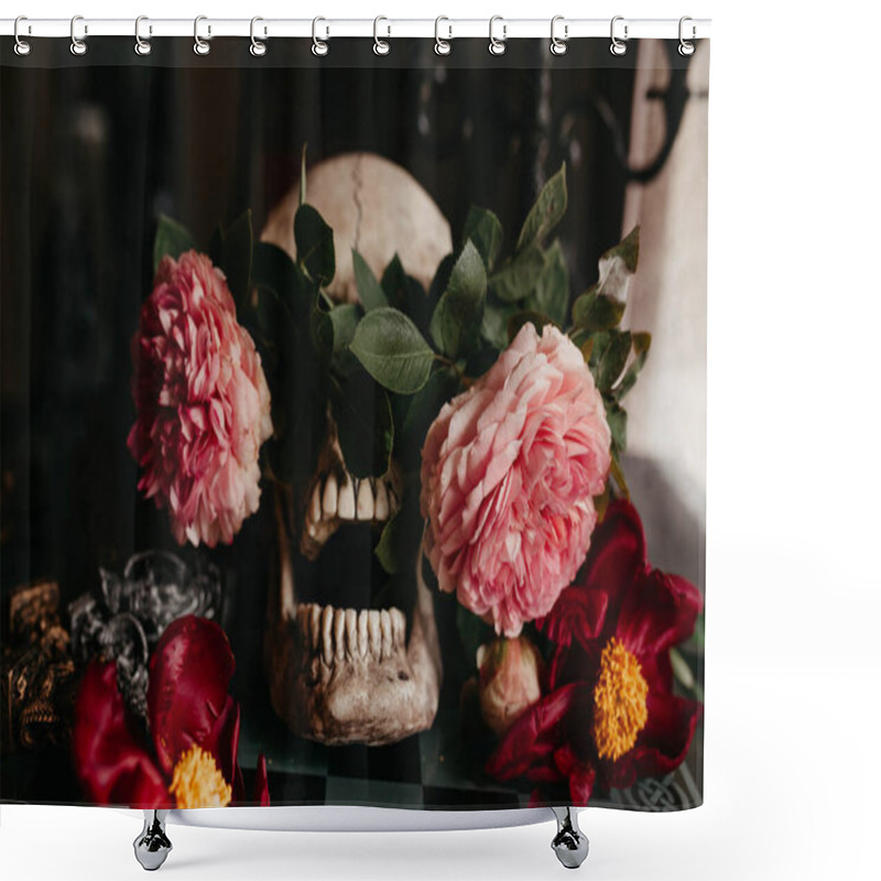 Personality  Skull With A Rose Flower O N The Table  Shower Curtains