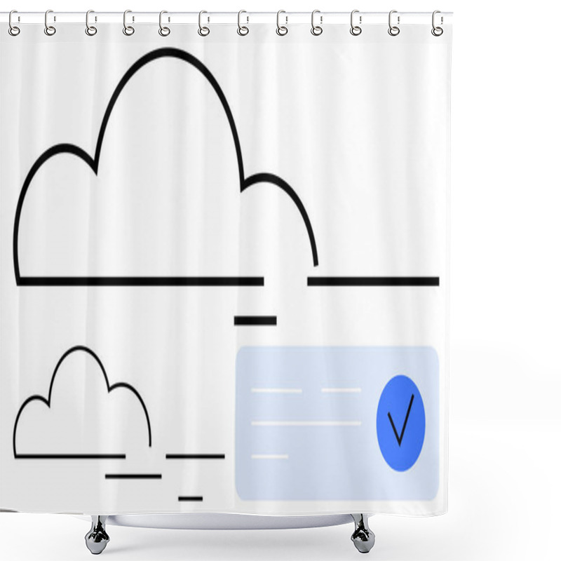 Personality  Large Outlined Cloud Connected To A Smaller Cloud With Lines, A Blue Box With Lines And A Checkmark. Ideal For Cloud Storage, Internet Services, Online Security, Data Management, Technology Shower Curtains