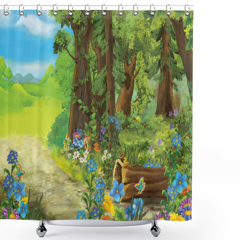 Personality  Cartoon Summer Scene With Meadow In The Forest Illustration For Children Shower Curtains