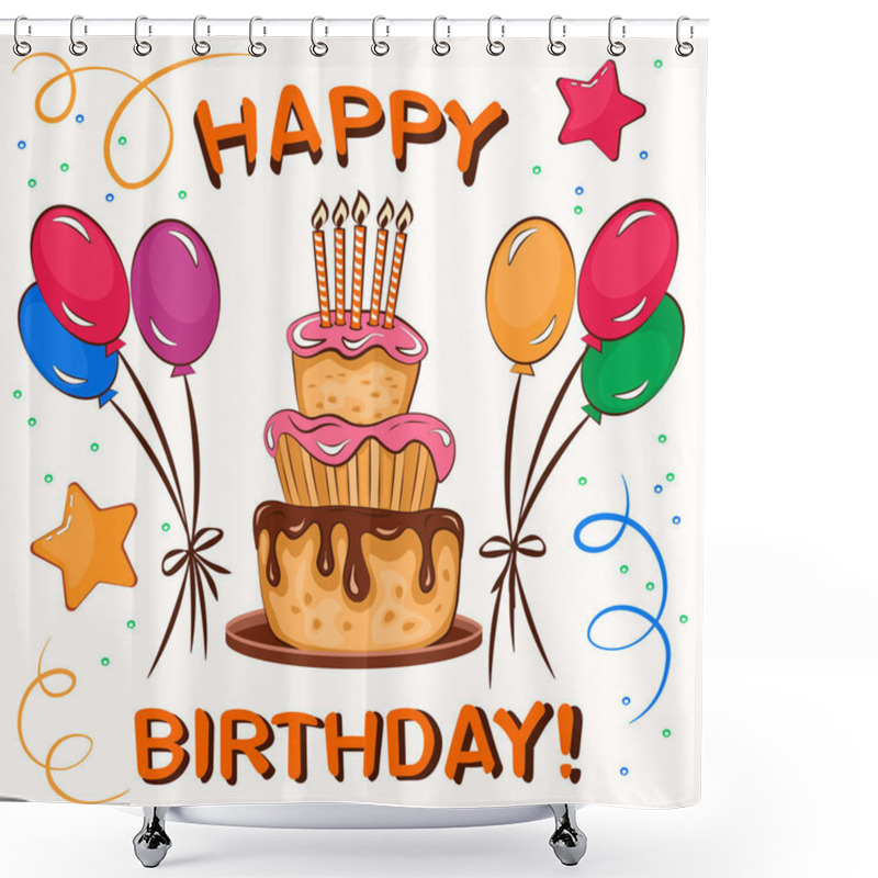 Personality  Birthday Cake With Candles, Balloons And Ribbons, Flat Vector Illustration In Cartoon Style, Greeting Card. Shower Curtains