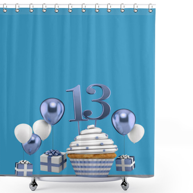 Personality  Number 13 Blue Birthday Cupcake With Balloons And Gifts. 3D Render Shower Curtains