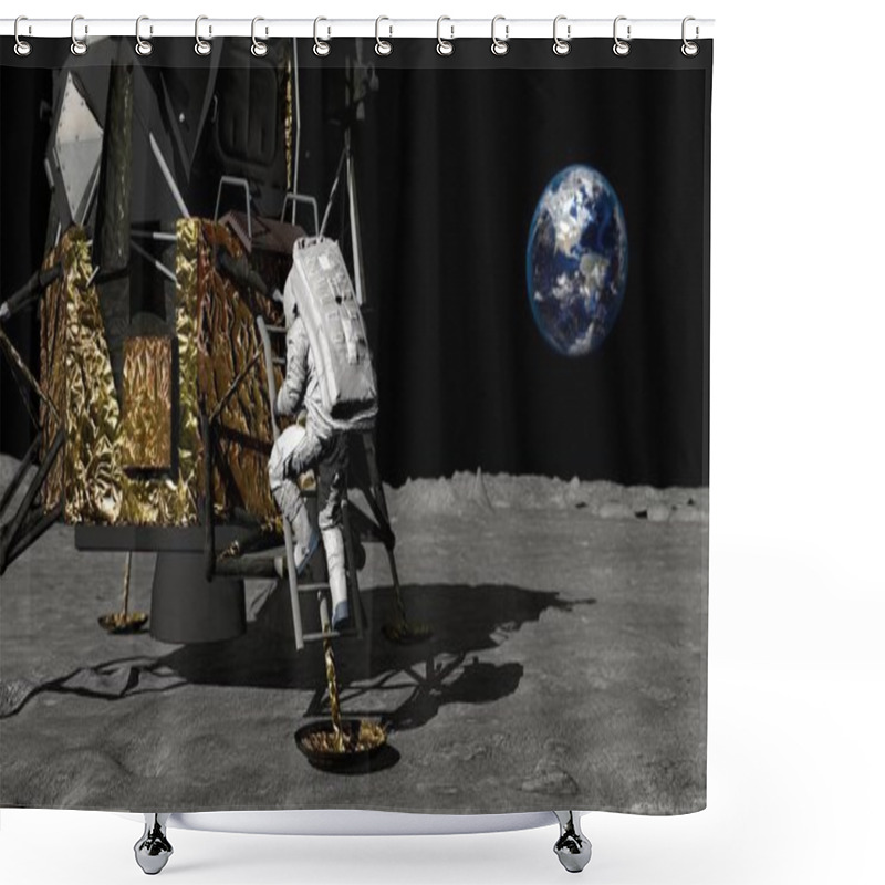 Personality  3D Rendering. Astronaut Descends The Stairs Of The Apollo Spacecraft. CG Animation. Elements Of This Image Furnished By NASA. Shower Curtains