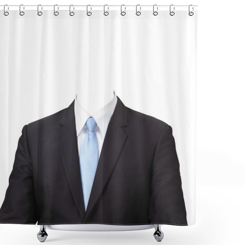 Personality  Man In Suit Without Head Isolated On White Shower Curtains