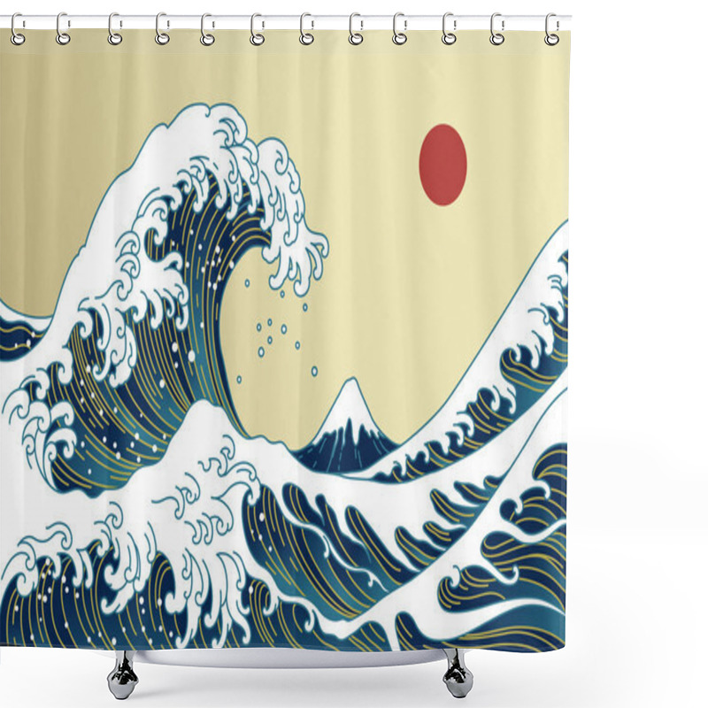 Personality  Big Asian Ocean Wave, Red Sun And The Mountain Illustration. Golden Color Tones. Ocean Of Kanagawa. - Vector Shower Curtains