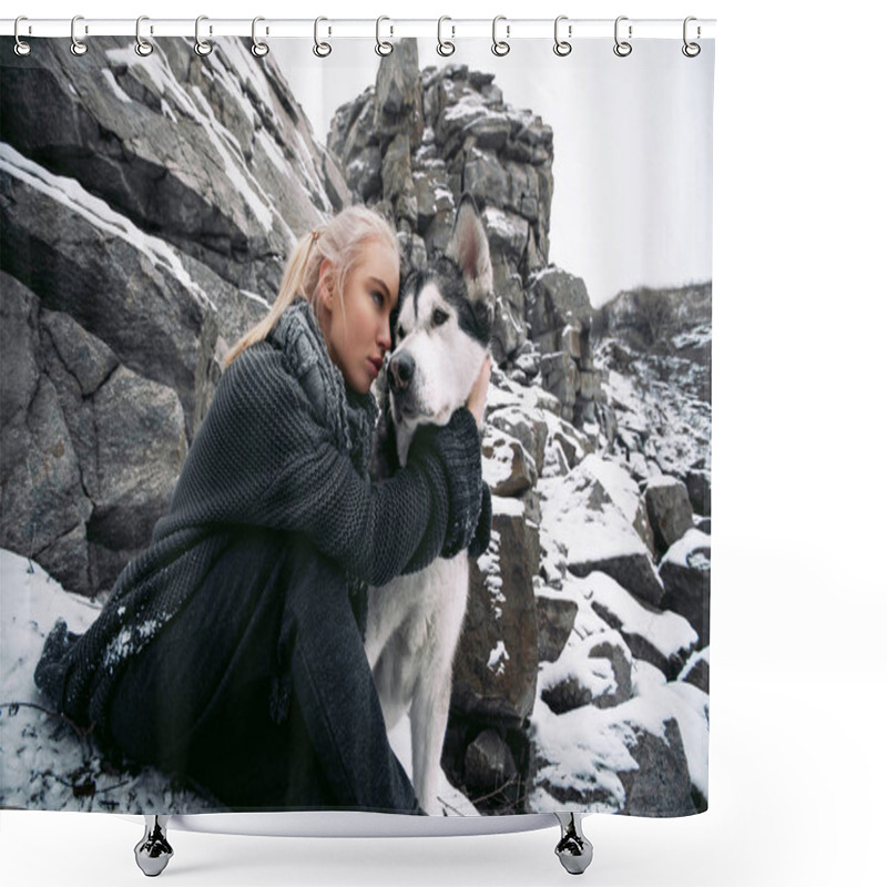 Personality  Girl With Dog Malamute Among Rocks In Winter. Close Up. Shower Curtains