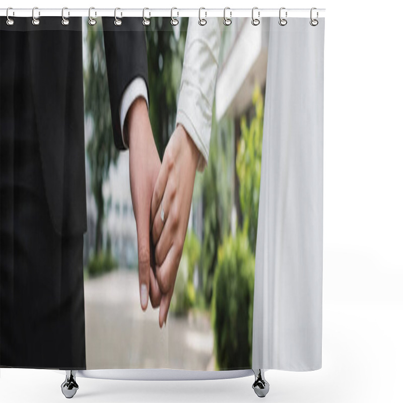 Personality  Cropped View Of Bride In Wedding Ring Holding Hands With Groom Outdoors, Banner Shower Curtains