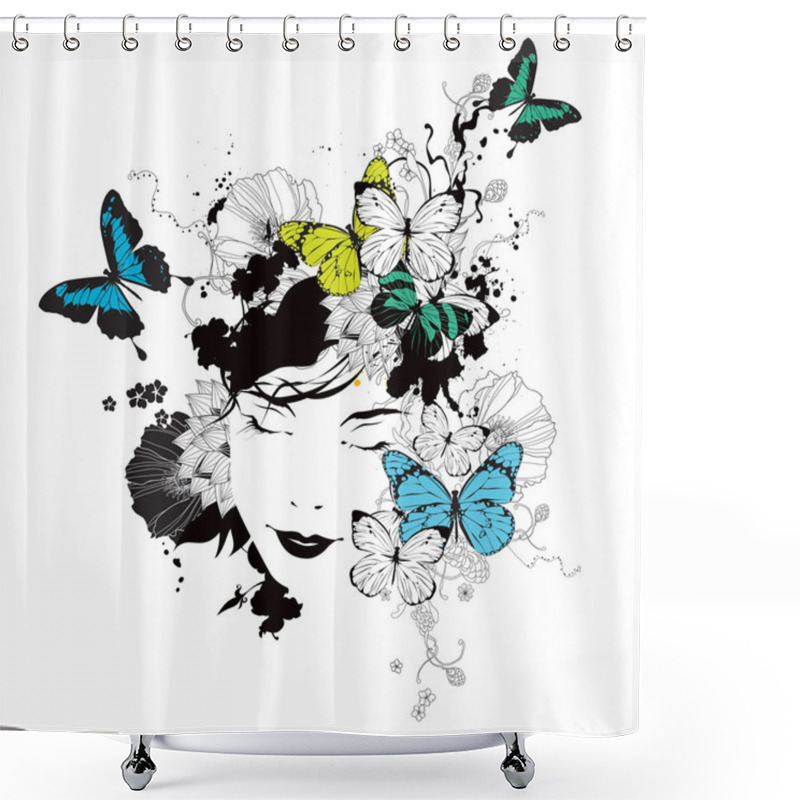 Personality  Vector Girl With Butterflies And Flowers Shower Curtains