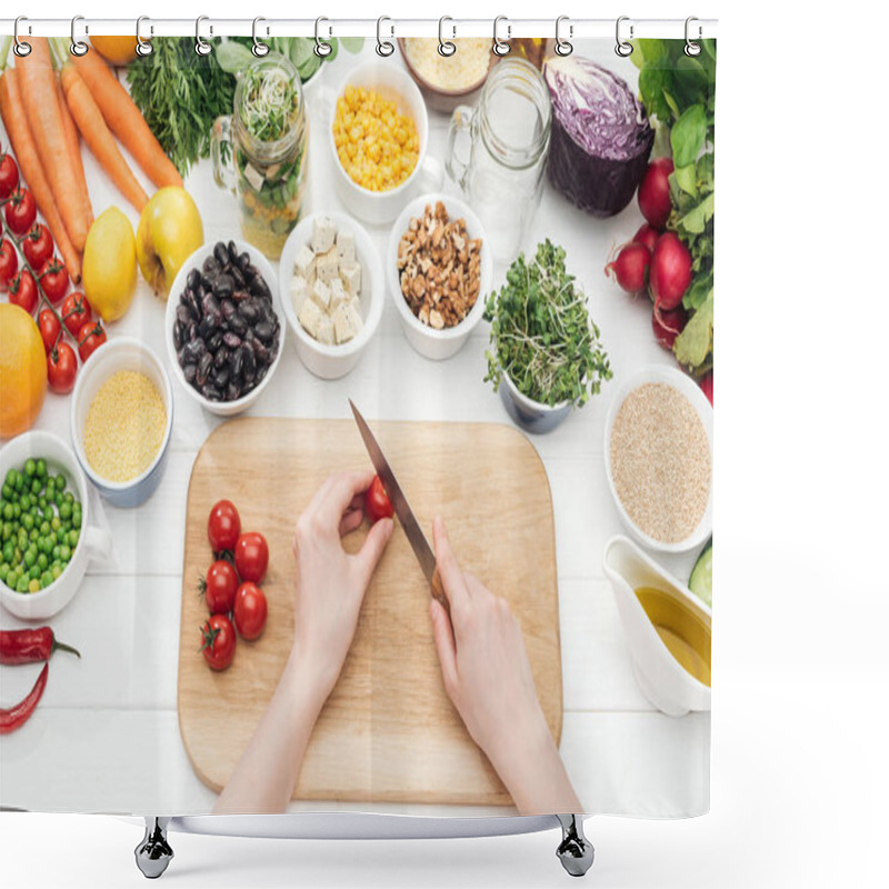 Personality  Cropped View Of Woman Cutting Cherry Tomatoes On Wooden Chopping Board Shower Curtains