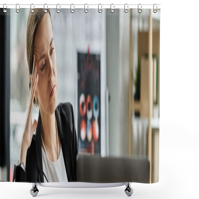 Personality  Middle-aged Woman Sits In Front Of Laptop, Hand On Head, Visibly Stressed. Shower Curtains