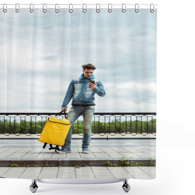 Personality  Handsome Delivery Man Holding Thermo Bag And Using Smartphone With Cloudy Sky At Background  Shower Curtains