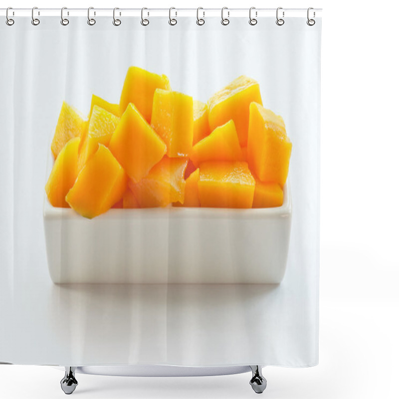 Personality  Mango Cubes On A White Dish 01 Shower Curtains