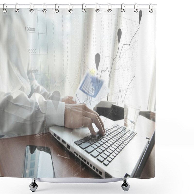 Personality  Business Man Hand Working On Laptop Computer On Wooden Desk As C Shower Curtains