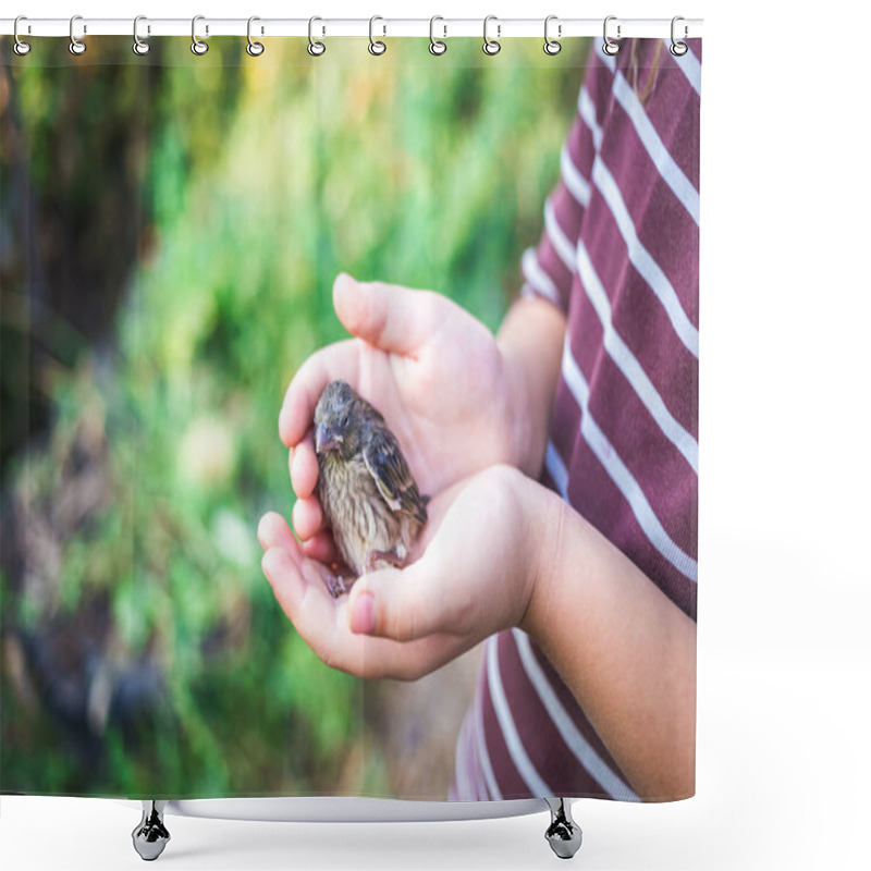 Personality  The Little Bird That Fell From The Nest In The Hands Of A Child. Shower Curtains