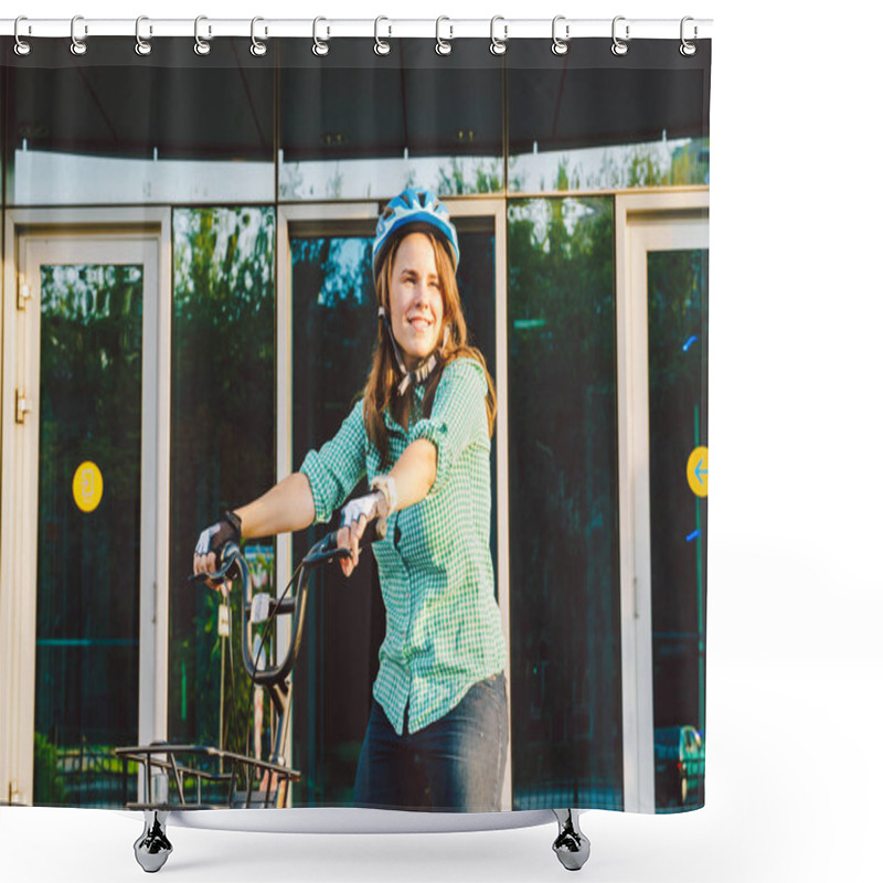 Personality  Theme To Work On The Bike. A Young Caucasian Woman Arrived On Environmentally Friendly Transport Bike To The Office. Girl In A Bicycle Parking Office Building In A Helmet, Gloves And Shirt And Jeans. Shower Curtains