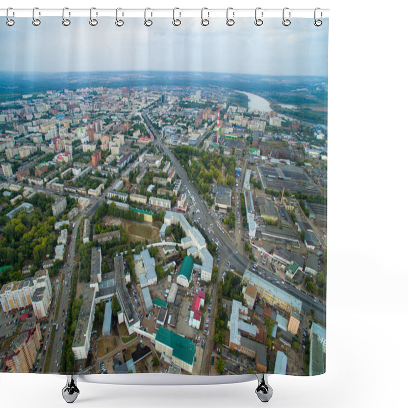 Personality  Aerial View Of City Ufa From Traffic, Buildings, River, Forest Shower Curtains