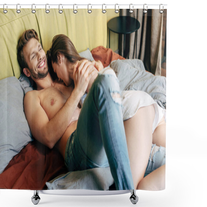 Personality  Selective Focus Of Passionate Woman Kissing Shirtless And Happy Man In Bedroom  Shower Curtains