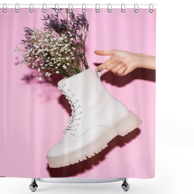 Personality  Cropped View Of Woman Holding White Boot With Wildflowers On Pink Background Shower Curtains