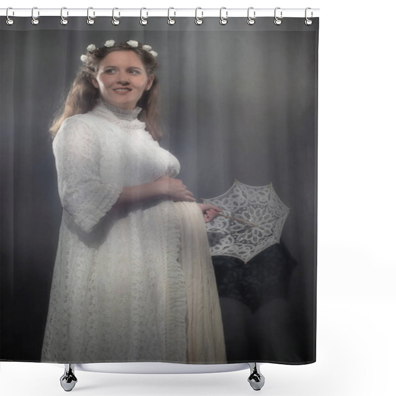 Personality  Historical Pregnant Brunette Woman In White Dress Holding Umbrella. Shower Curtains