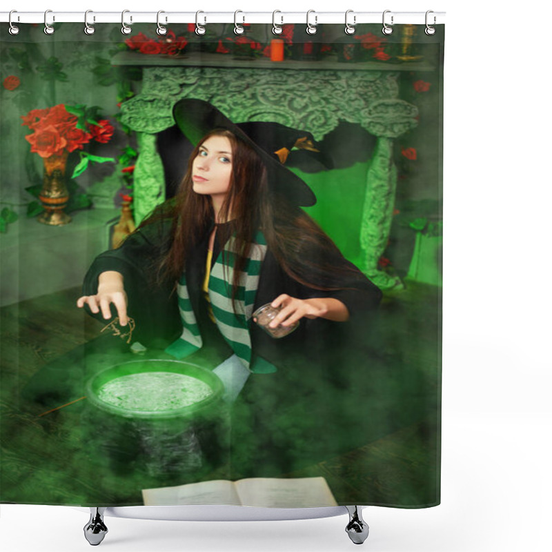 Personality  Attractive Girl In The Image Of A Witch Dressed In A Black Hat And Mantle Throws An Ingredient Into A Cauldron With An Upcoming Potion, Sitting In A Magical, Green Smoke. Halloween Witch Concept. Shower Curtains