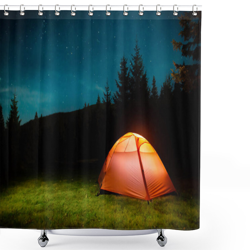 Personality  Orange Illuminated Tent In Dark Night Forest With Night Sky And Stars Shower Curtains