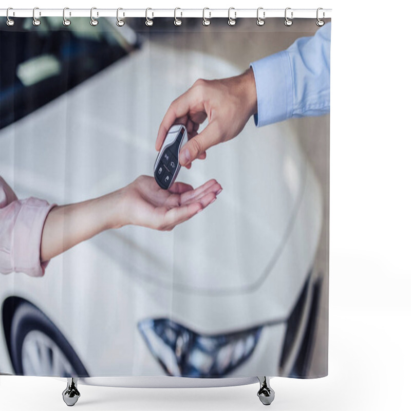 Personality  Cropped Shot Of Salesman Giving Keys To Woman In Dealership Salon Shower Curtains