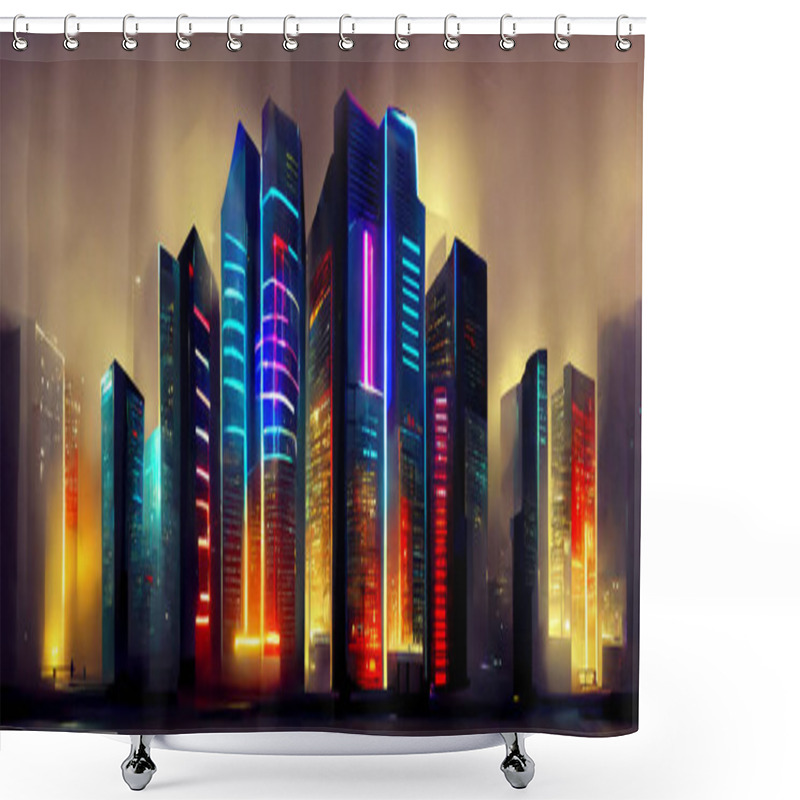 Personality  Futuristic Modern Big City With Skyscrapers And Neon Lights. Technology And Future Concept. Partially Generated By A Neural Network, No Reference Images, Edited In A Graphics Editor. Shower Curtains