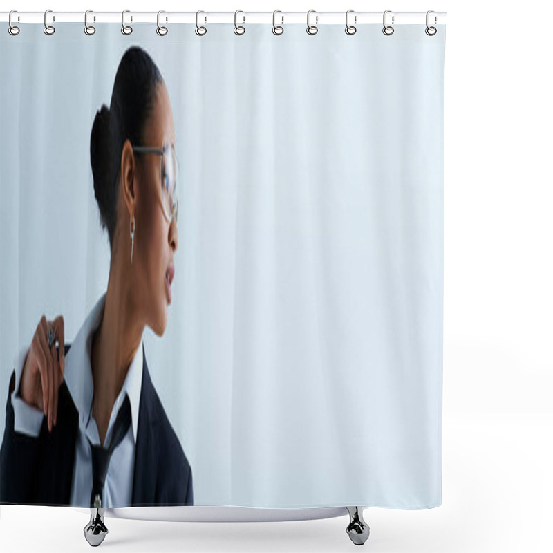 Personality  A Young African American Woman In Her 20s Wearing Glasses And A Suit Jacket, Banner Shower Curtains