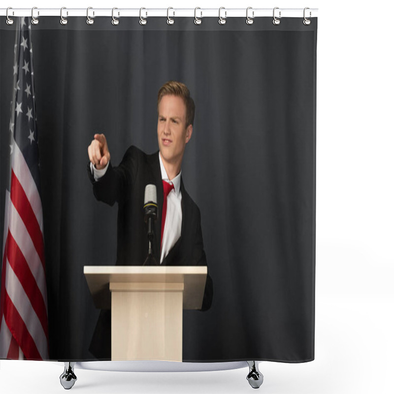 Personality  Emotional Man Pointing With Finger At Camera On Tribune With American Flag On Black Background Shower Curtains